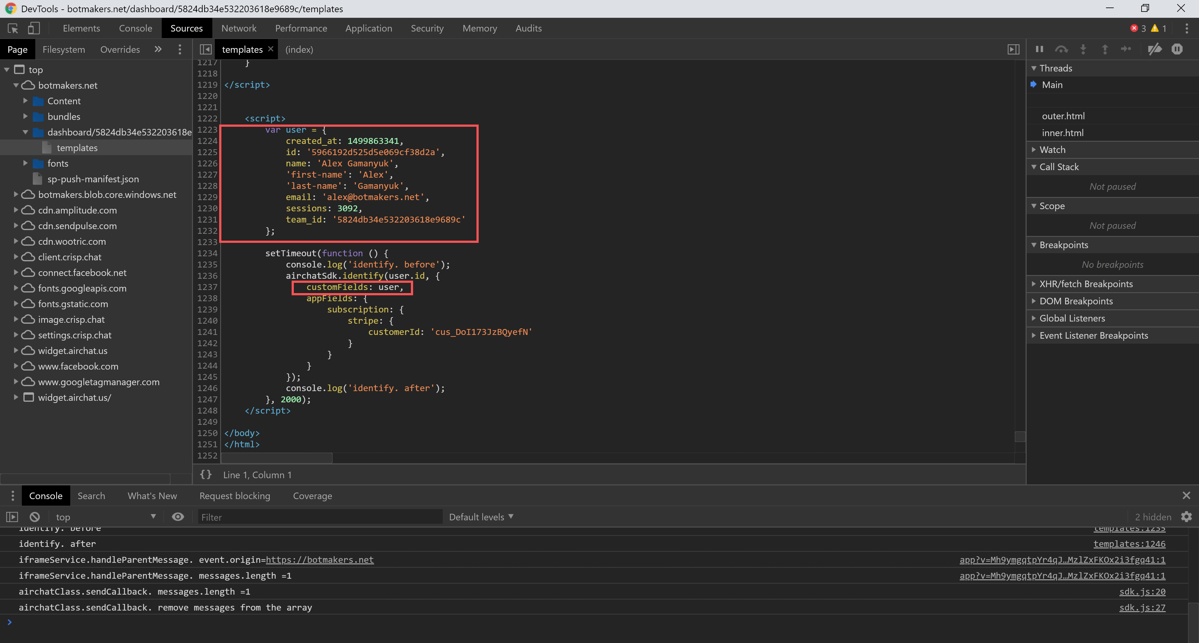 airchatSDK.identify custom fields