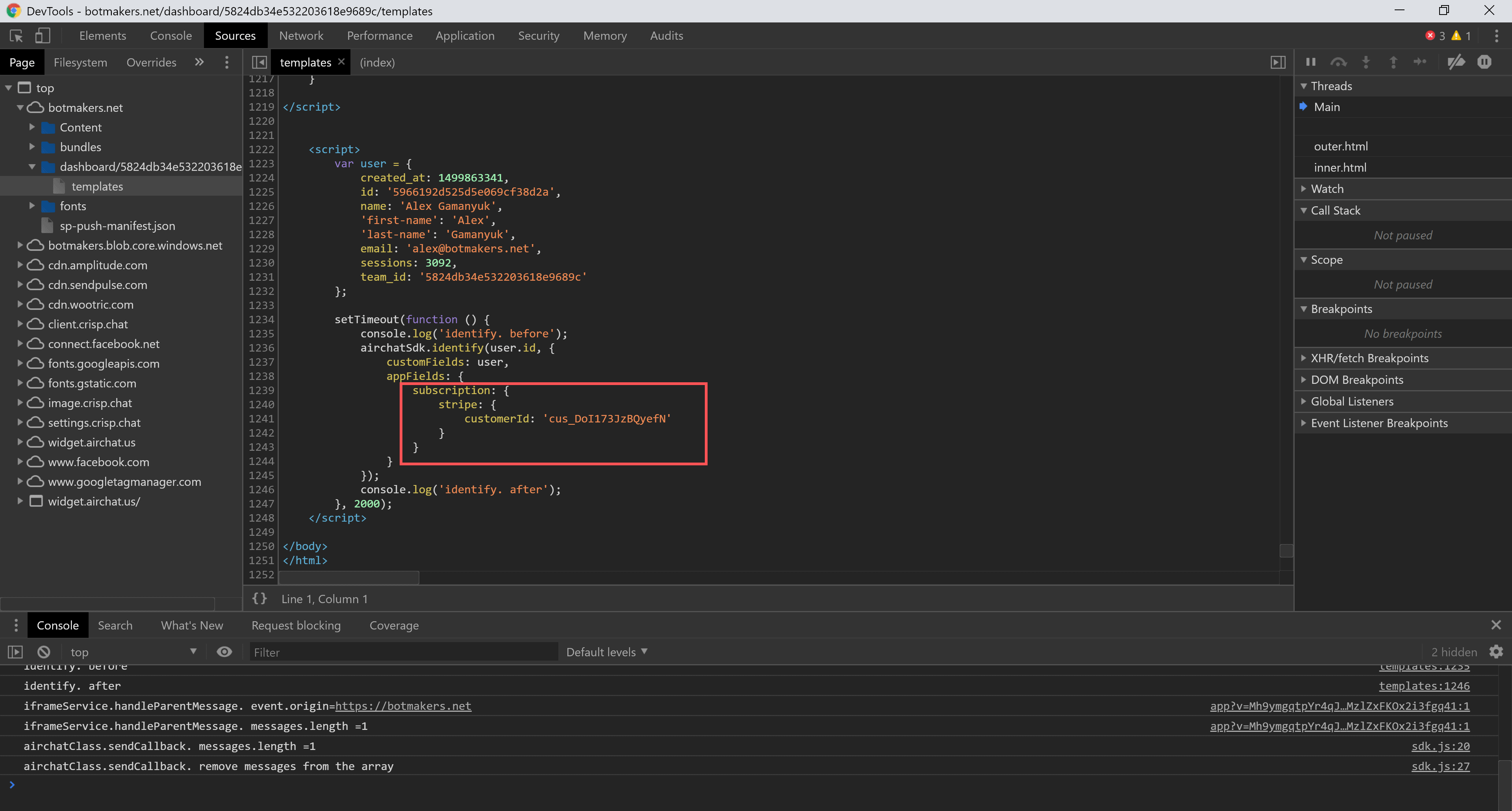 airchatSDK.identify stripe customer id